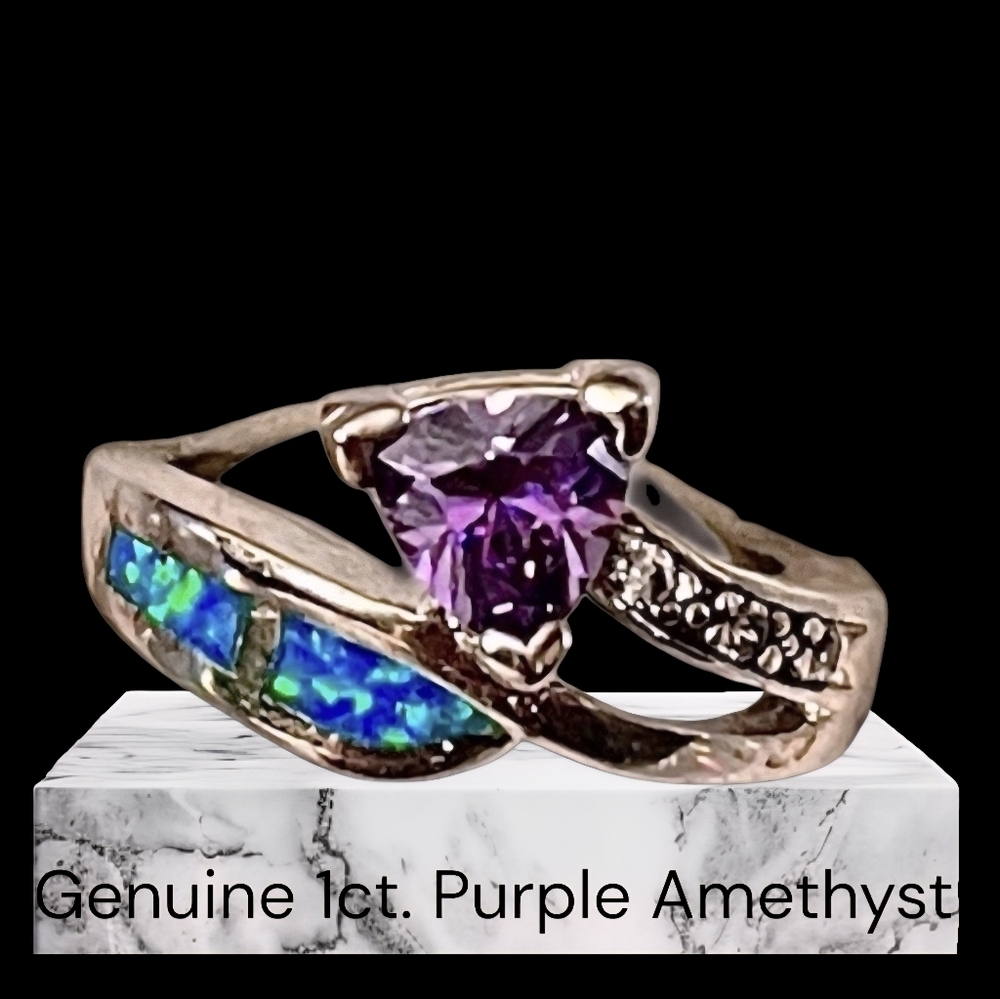 Genuine 1ct Purple Amethyst, Topaz and Inlaid Opal Sterling Size 6